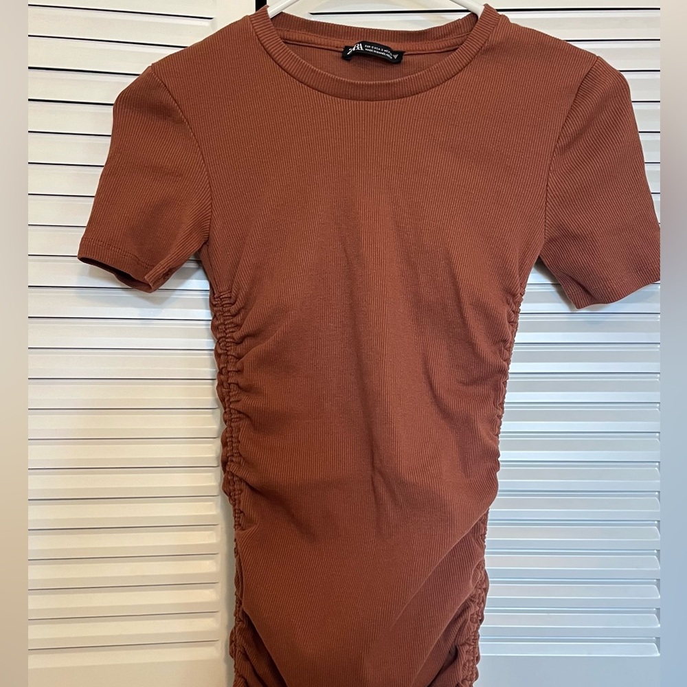 Zara Brown Ruched Mini Bodysuit Dress
